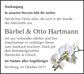 Traueranzeige von Bärbel & Otto  Hartmann von Super Sonntag Bernburg