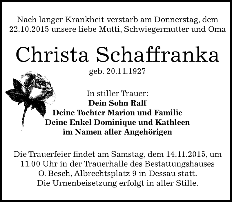  Traueranzeige für Christa Schaffranka vom 28.10.2015 aus Mitteldeutsche Zeitung Dessau-Roßlau