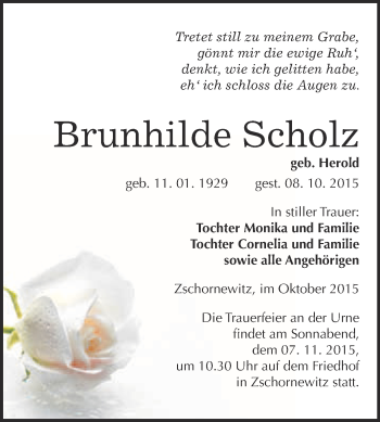 Traueranzeige von Brunhilde Scholz von WVG - Wochenspiegel Wittenberg