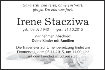Traueranzeige von Irene Stacziwa von Super Sonntag Merseburg