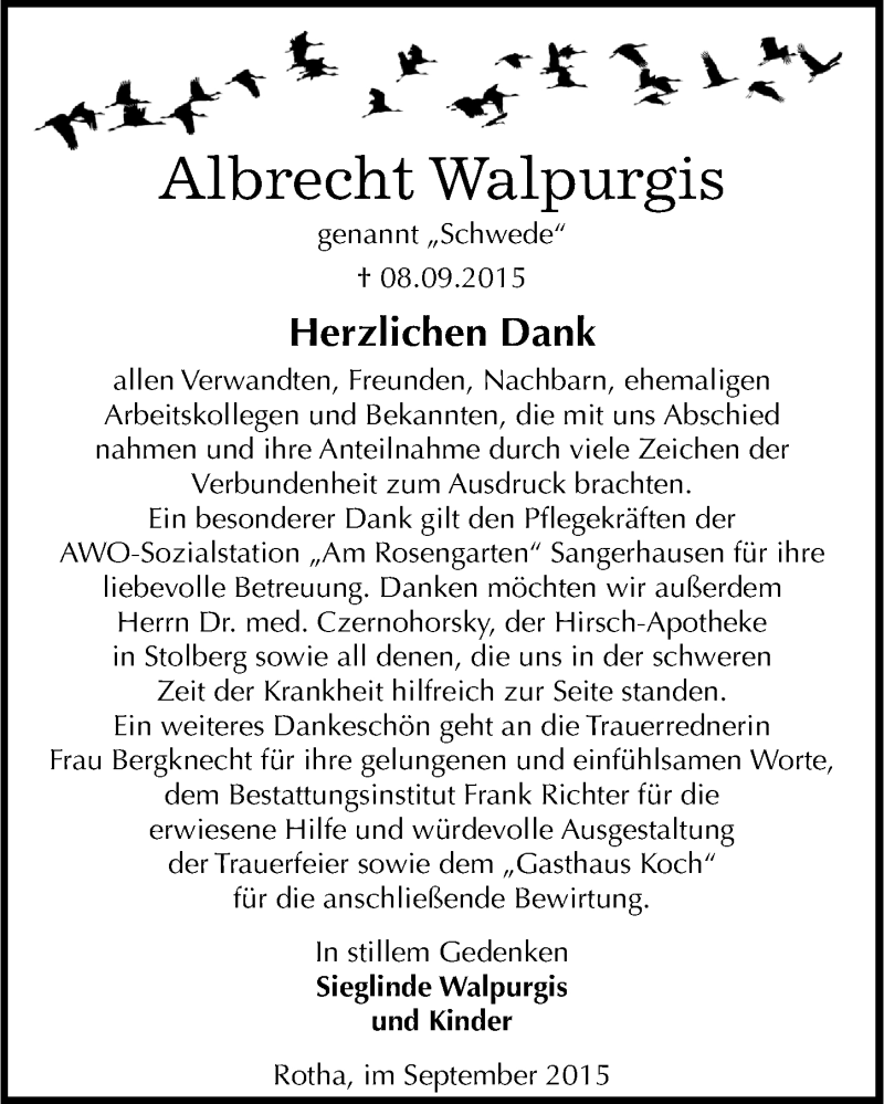  Traueranzeige für Albrecht Walpurgis vom 03.10.2015 aus Mitteldeutsche Zeitung Sangerhausen