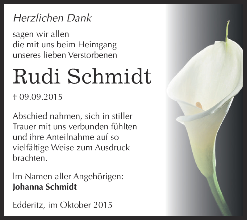  Traueranzeige für Rudi Schmidt vom 17.10.2015 aus WVG - Wochenspiegel Dessau / Köthen
