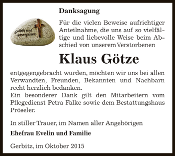 Traueranzeige von Klaus Götze von Super Sonntag Bernburg