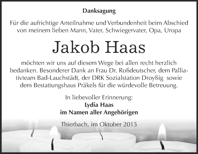  Traueranzeige für Jakob Haas vom 24.10.2015 aus Super Sonntag Zeitz