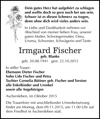 Traueranzeige von Irmgard Fischer von Mitteldeutsche Zeitung Aschersleben