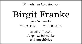 Traueranzeige von Birgit Franke von Mitteldeutsche Zeitung Weißenfels