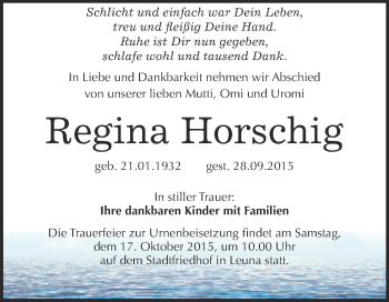 Traueranzeige von Regina Horschig von WVG - Wochenspiegel Merseburg