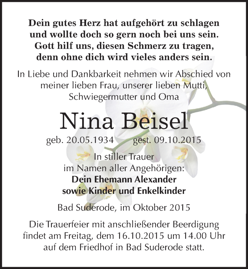  Traueranzeige für Nina Beisel vom 15.10.2015 aus Mitteldeutsche Zeitung Quedlinburg