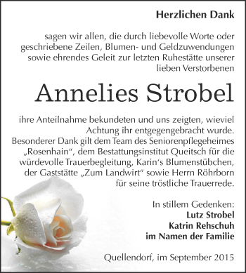 Traueranzeige von Annelies Strobel von WVG - Wochenspiegel Dessau / Köthen