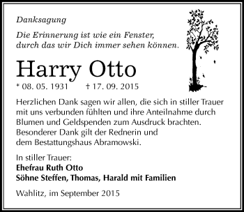 Traueranzeige von Harry Otto von Mitteldeutsche Zeitung Dessau-Roßlau