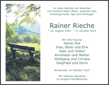 Traueranzeige von Rainer Rieche von Mitteldeutsche Zeitung Sangerhausen
