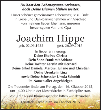 Traueranzeige von Joachim Hippe von Mitteldeutsche Zeitung