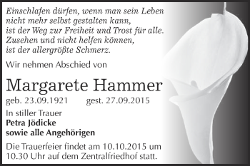 Traueranzeige von Margarete Hammer von Super Sonntag Quedlinburg