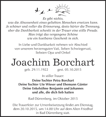Traueranzeige von Joachim Borchart von Super Sonntag Merseburg