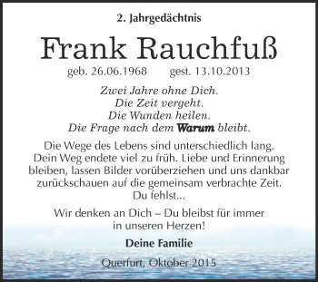 Traueranzeige von Frank Rauchfuß von WVG - Wochenspiegel Merseburg