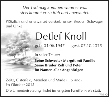 Traueranzeige von Detlef Knoll von Super Sonntag Zeitz