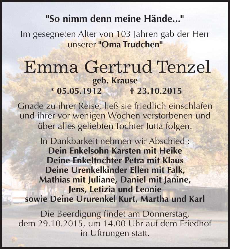  Traueranzeige für Emma Gertrud Tenzel vom 28.10.2015 aus Mitteldeutsche Zeitung Sangerhausen
