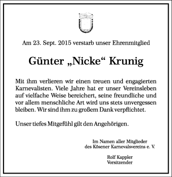 Traueranzeige von Günter Krunig von Mitteldeutsche Zeitung Naumburg/Nebra