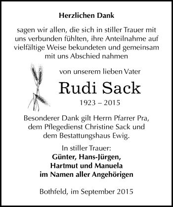 Traueranzeige von Rudi Sack von Mitteldeutsche Zeitung Weißenfels