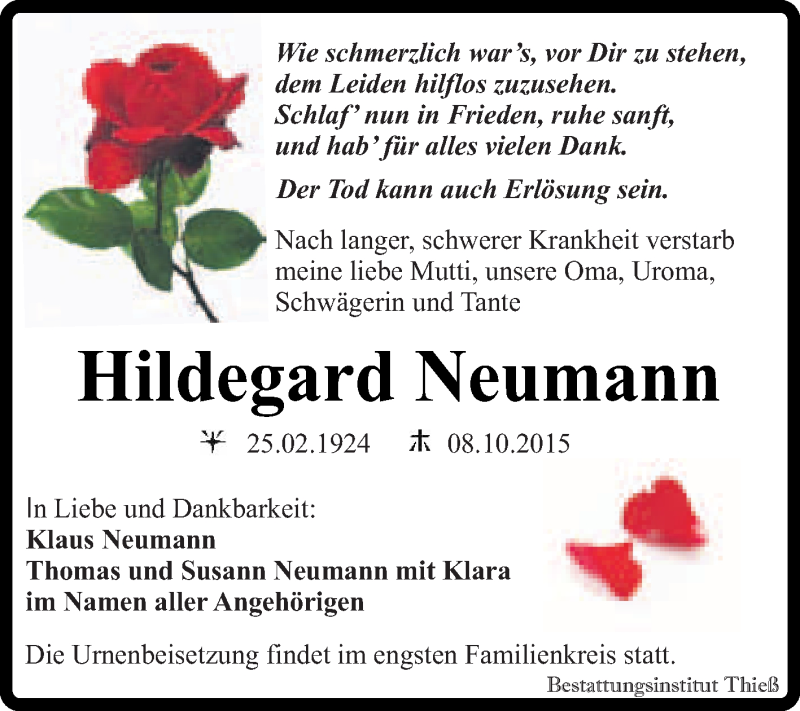  Traueranzeige für Hildegard Neumann vom 14.10.2015 aus Super Sonntag Quedlinburg