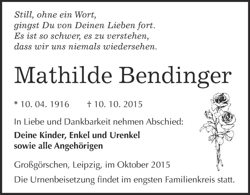  Traueranzeige für Mathilde Bendinger vom 21.10.2015 aus WVG - Wochenspiegel Merseburg