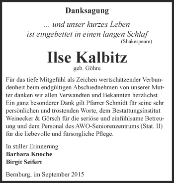 Traueranzeige von Ilse Kalbitz von Super Sonntag Bernburg
