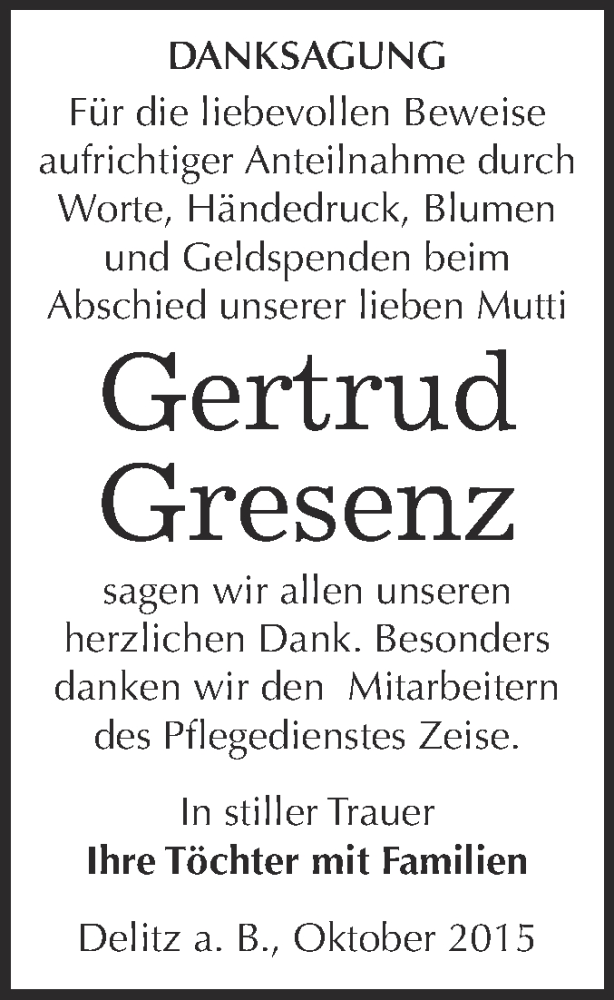  Traueranzeige für Gertrud Gresenz vom 24.10.2015 aus WVG - Wochenspiegel Merseburg
