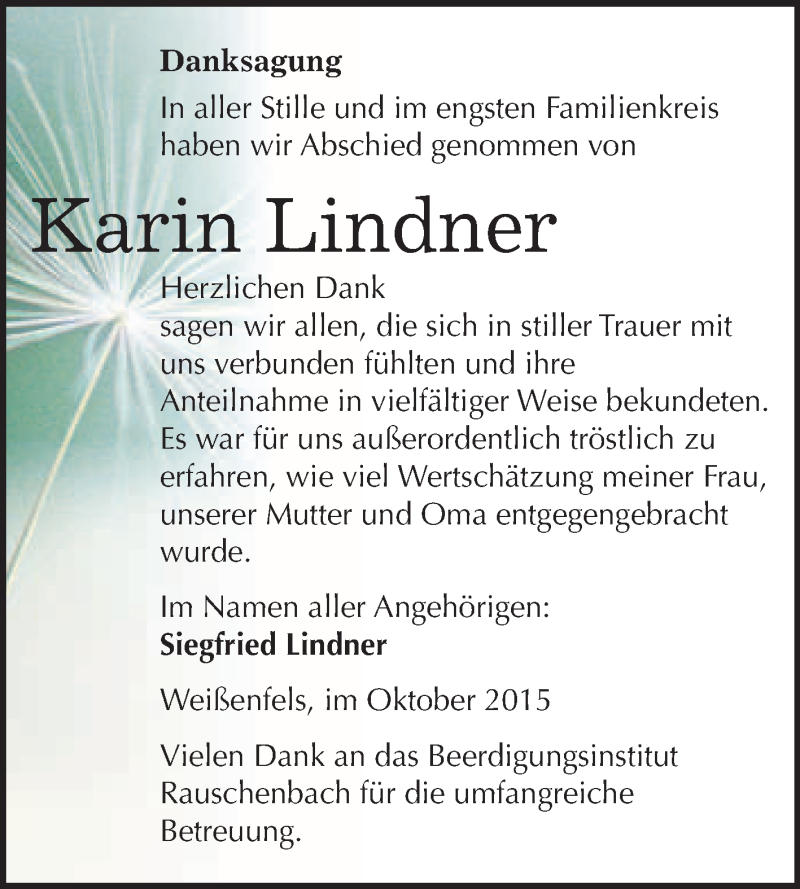  Traueranzeige für Karin Lindner vom 21.10.2015 aus WVG - Wochenspiegel NMB / WSF / ZTZ