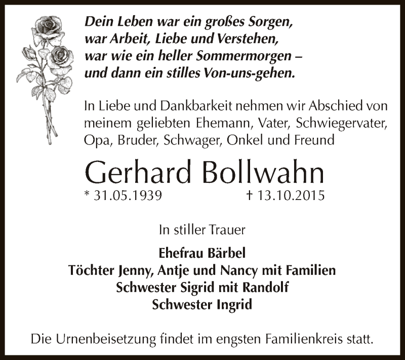  Traueranzeige für Gerhard Bollwahn vom 17.10.2015 aus WVG - Wochenspiegel Dessau / Köthen