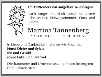 Traueranzeige von Martina Tannenberg von Mitteldeutsche Zeitung Mansfelder Land