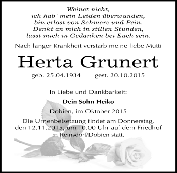 Traueranzeige von Herta Grunert von Mitteldeutsche Zeitung Wittenberg