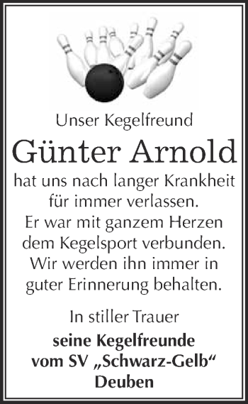 Traueranzeige von Günter Arnold von WVG - Wochenspiegel NMB / WSF / ZTZ