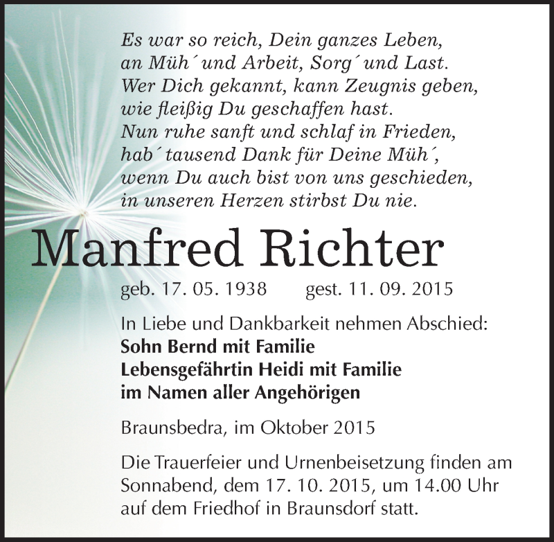  Traueranzeige für Manfred Richter vom 10.10.2015 aus Mitteldeutsche Zeitung Merseburg/Querfurt