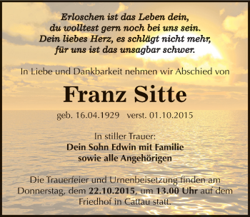Traueranzeige von Franz Sitte von Mitteldeutsche Zeitung Köthen
