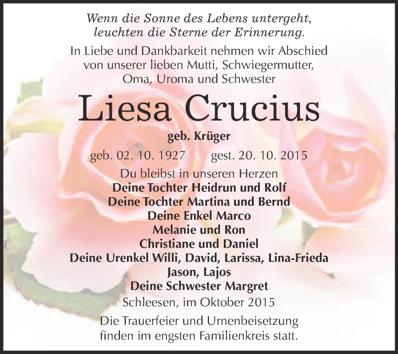  Traueranzeige für Liesa Crucius vom 24.10.2015 aus WVG - Wochenspiegel Wittenberg
