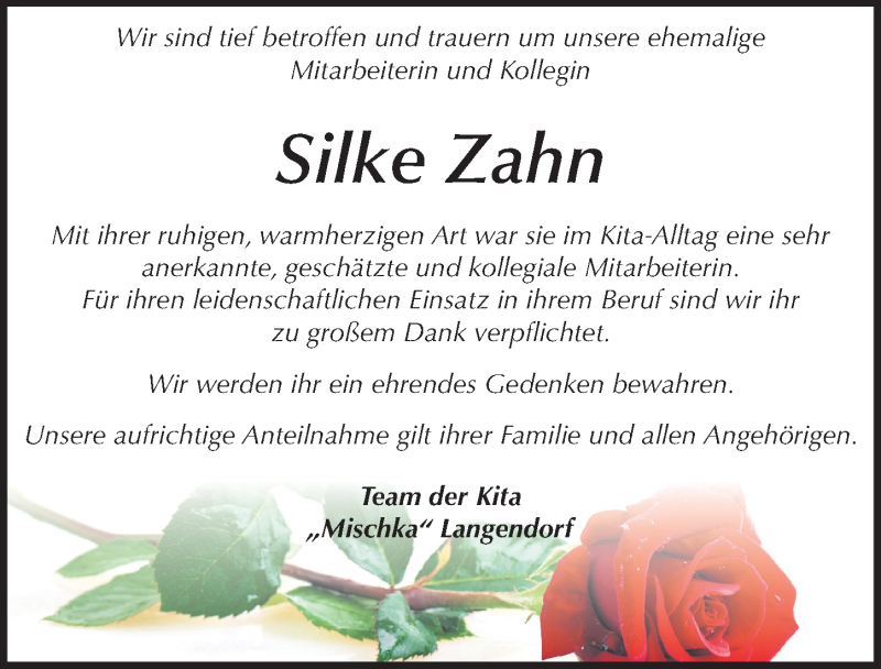  Traueranzeige für Silke Zahn vom 30.10.2015 aus Mitteldeutsche Zeitung Weißenfels