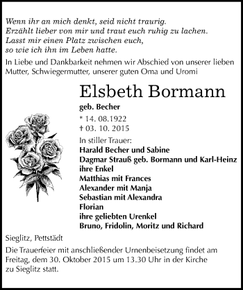 Traueranzeige von Elsbeth Bormann von Mitteldeutsche Zeitung Naumburg/Nebra