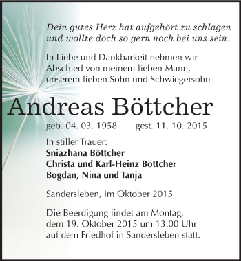 Traueranzeige von Andreas Böttcher von Mitteldeutsche Zeitung Mansfelder Land