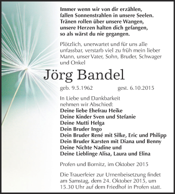 Traueranzeige von Jörg Bandel von Super Sonntag Zeitz
