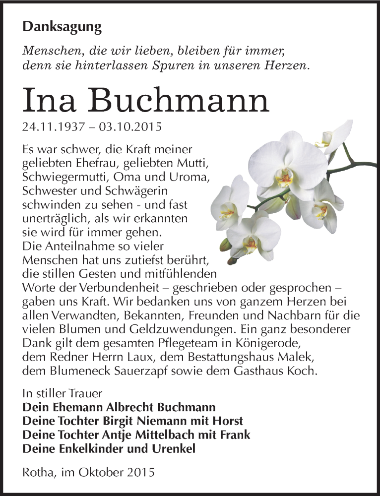  Traueranzeige für Ina Buchmann vom 23.10.2015 aus Mitteldeutsche Zeitung Sangerhausen