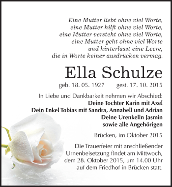 Traueranzeige von Ella Schulze von Mitteldeutsche Zeitung Sangerhausen