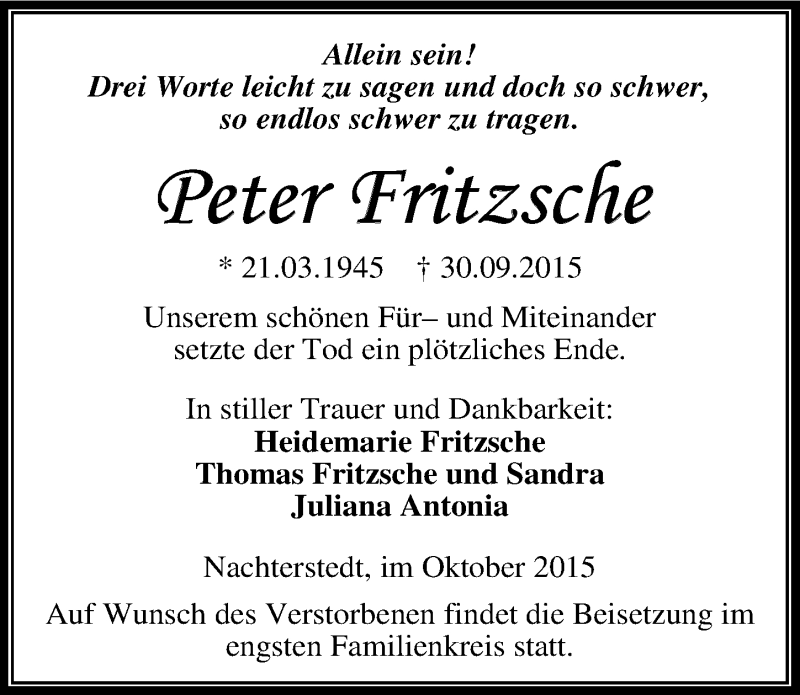  Traueranzeige für Peter Fritzsche vom 10.10.2015 aus Mitteldeutsche Zeitung Aschersleben