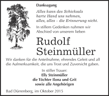 Traueranzeige von Rudolf Steinmüller von Super Sonntag Merseburg