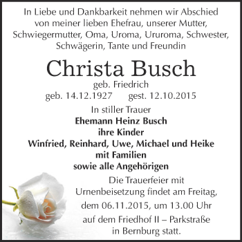 Traueranzeige von Christa Busch von Super Sonntag Bernburg