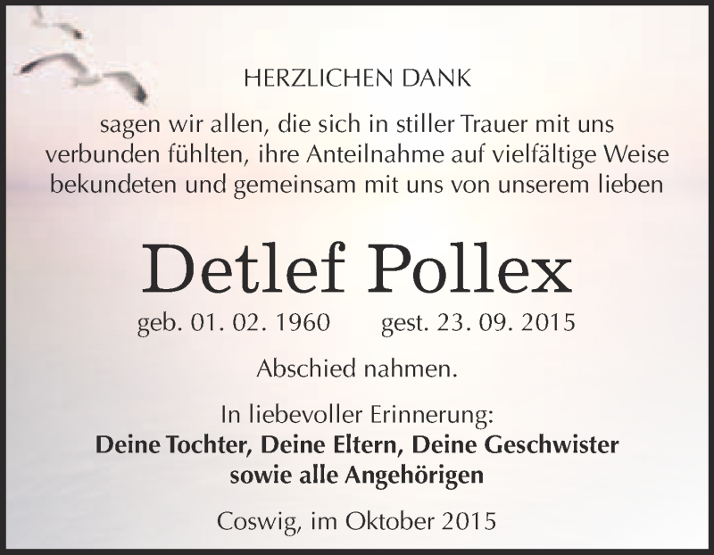  Traueranzeige für Detlef Pollex vom 24.10.2015 aus Super Sonntag Wittenberg