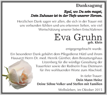Traueranzeige von Eva Gruhn von Wochenspiegel Mansfelder Land