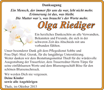 Traueranzeige von Olga Riediger von Mitteldeutsche Zeitung Quedlinburg