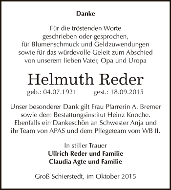 Traueranzeige von Helmuth Reder von Super Sonntag Aschersleben