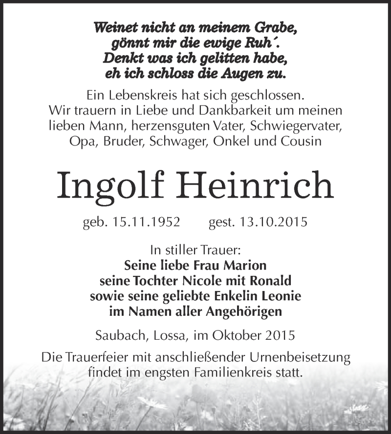  Traueranzeige für Ingolf Heinrich vom 21.10.2015 aus WVG - Wochenspiegel NMB / WSF / ZTZ