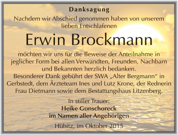 Traueranzeige von Erwin Brockmann von Mitteldeutsche Zeitung Mansfelder Land